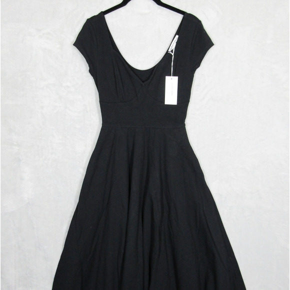 Reformation Dress Size XS Brynn Knit Fit Flare Black Midi Cap Sleeve New NWT - Picture 1 of 16